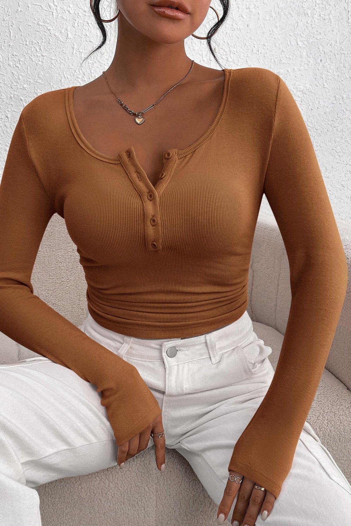 Long Sleeve Henley T Shirts Button Down Ribbed Knit Slim Fit Casual Basic Tops Blouse