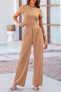 2 Piece Summer Knit Short Sleeve Crop Tops Wide Leg Pants Tracksuit