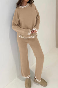 2 Piece Knitted Casual Long Sleeve Pullover Wide Leg Pant Set