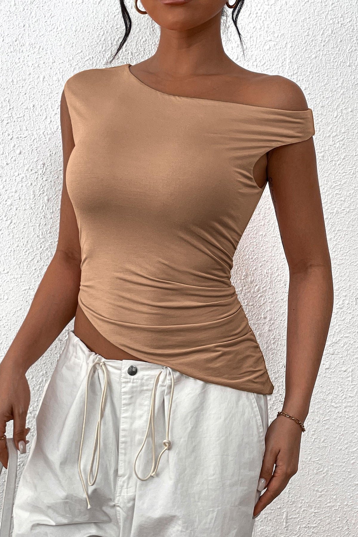 Summer Off The Shoulder Sleeveless One Shoulder Ruched Asymmetrical Y2K Tank Top