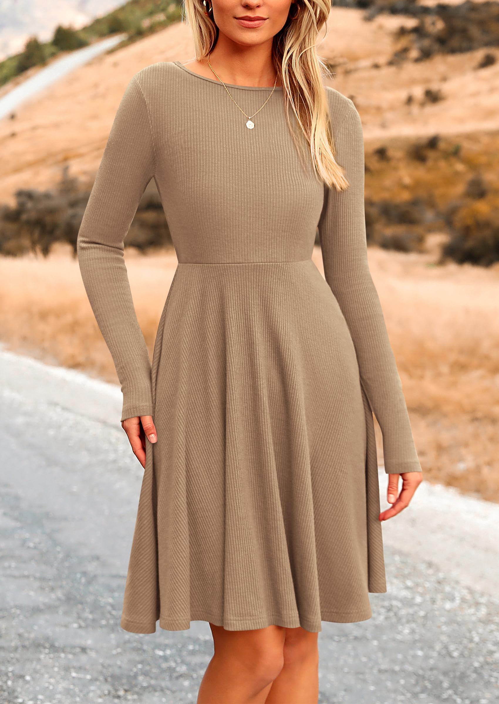 PRETTYGARDEN Women's Spring Fall Short Dress Ribbed Knit Crewneck Long Sleeve A Line Flowy Casual Elegant Going Out Dresses