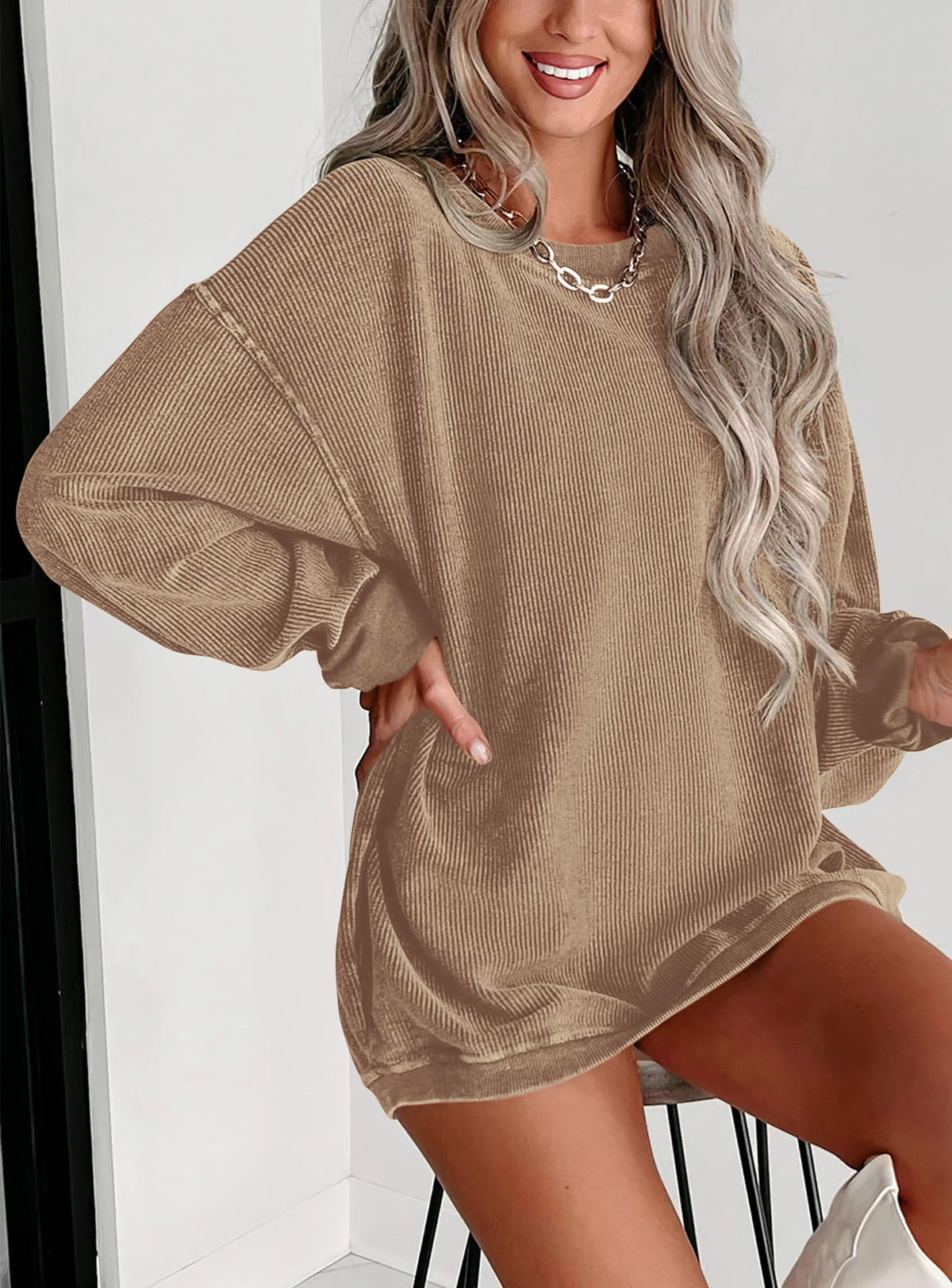 Women's Fall Oversized Sweatshirt Ribbed Corduroy Crewneck Long Sleeve Loose Fit Casual Going Out Pullover Tops