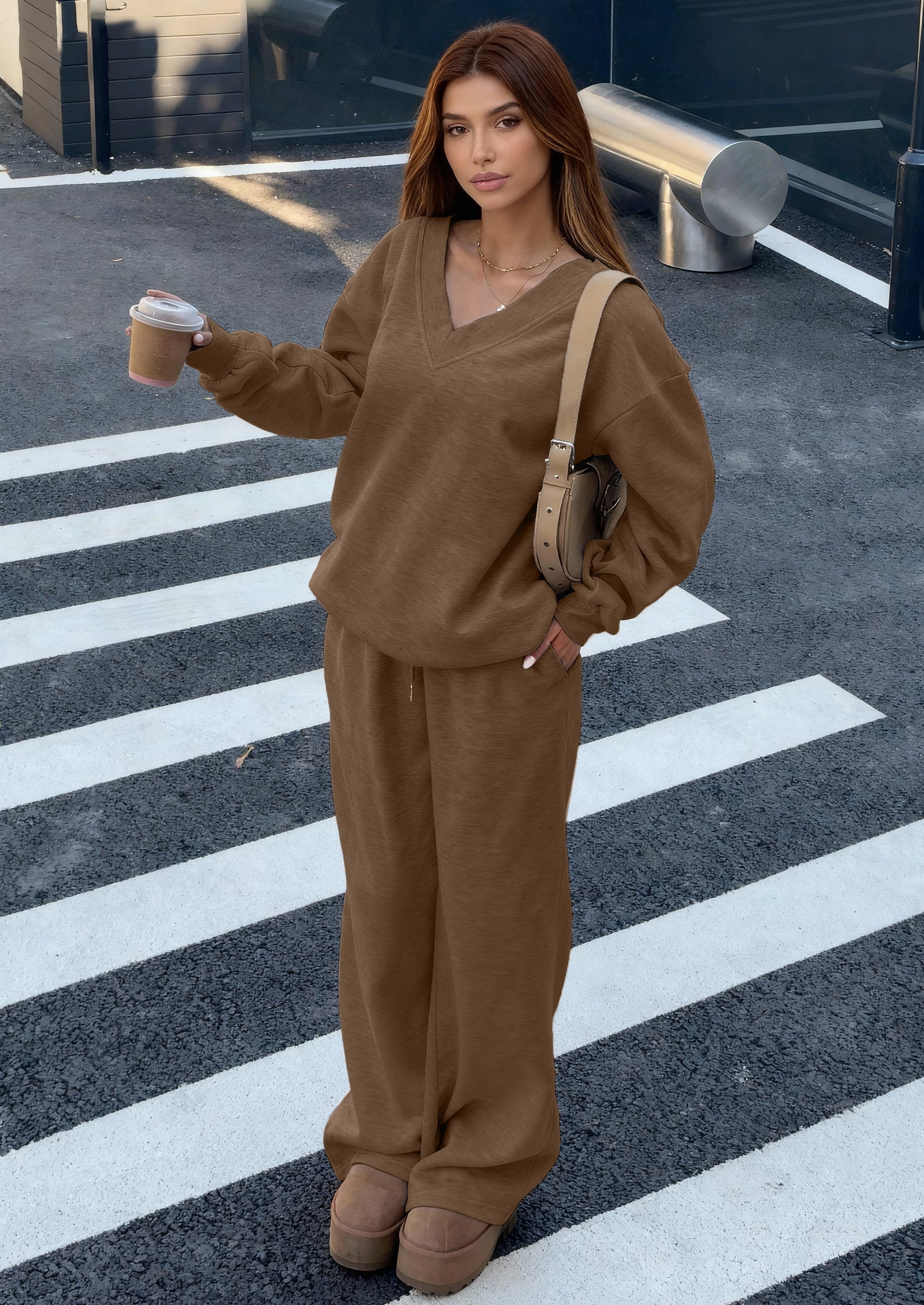 PRETTYGARDEN Casual Winter Two Piece Sets for Women V Neck Sweatshirt