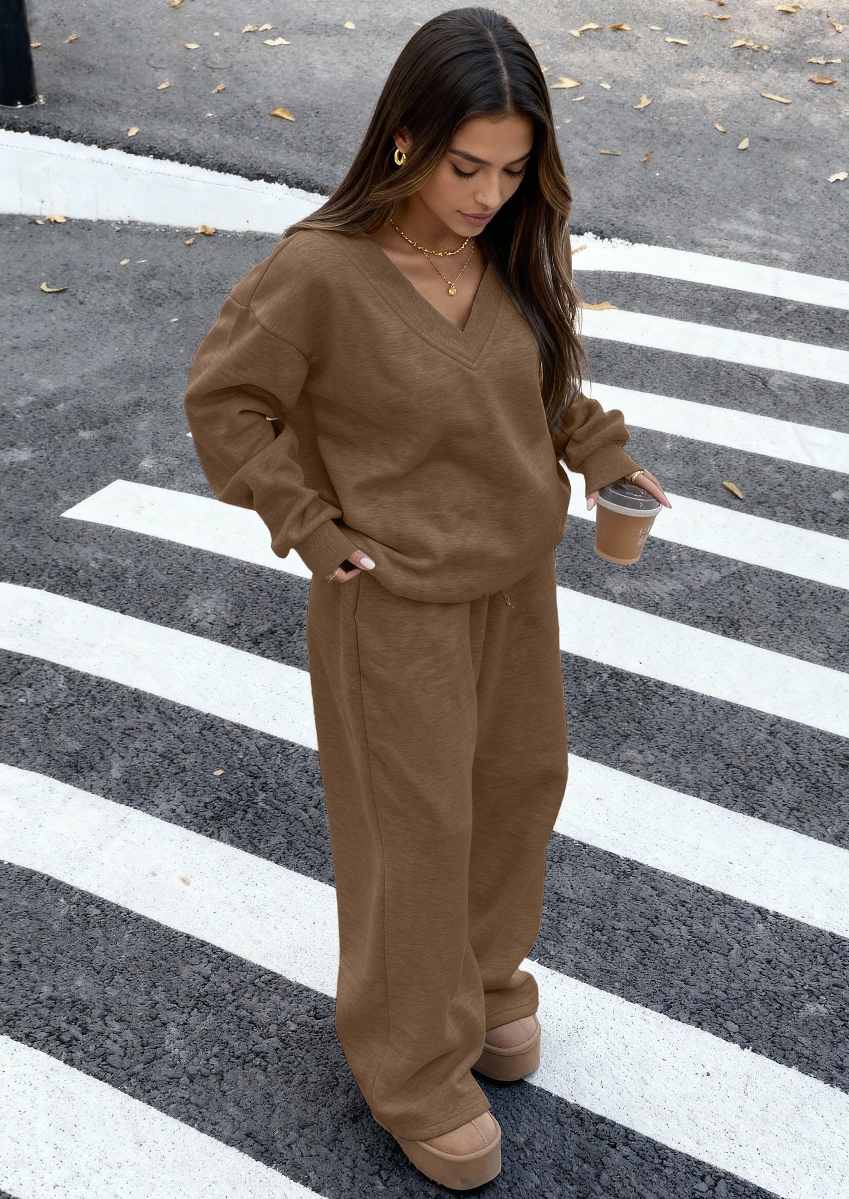 PRETTYGARDEN Casual Winter Two Piece Sets for Women V Neck Sweatshirt Loose Wide Leg Pants Tracksuit Knit Fall Outfits PRETTYGARDEN