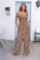 Linen Smocked Spaghetti Strap Pockets Wide Leg Rompers