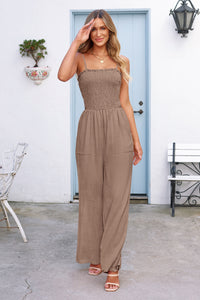 Linen Smocked Spaghetti Strap Pockets Wide Leg Rompers