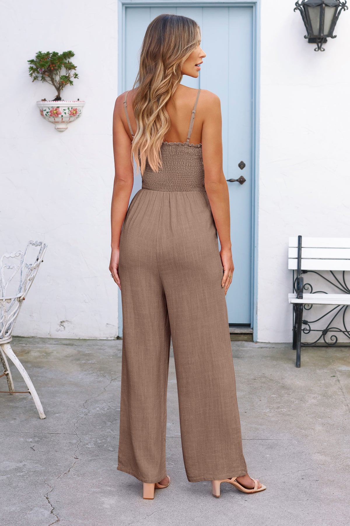 Linen Smocked Spaghetti Strap Pockets Wide Leg Rompers