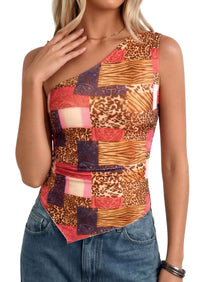 PRETTYGARDEN Women's Floral Mesh Tops Summer Asymmetrical One Shoulder Sleeveless Ruched Shirts Spring Going Out Clothes PRETTYGARDEN