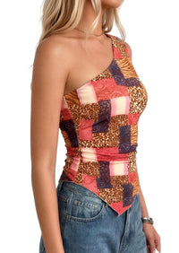 PRETTYGARDEN Women's Floral Mesh Tops Summer Asymmetrical One Shoulder Sleeveless Ruched Shirts Spring Going Out Clothes PRETTYGARDEN