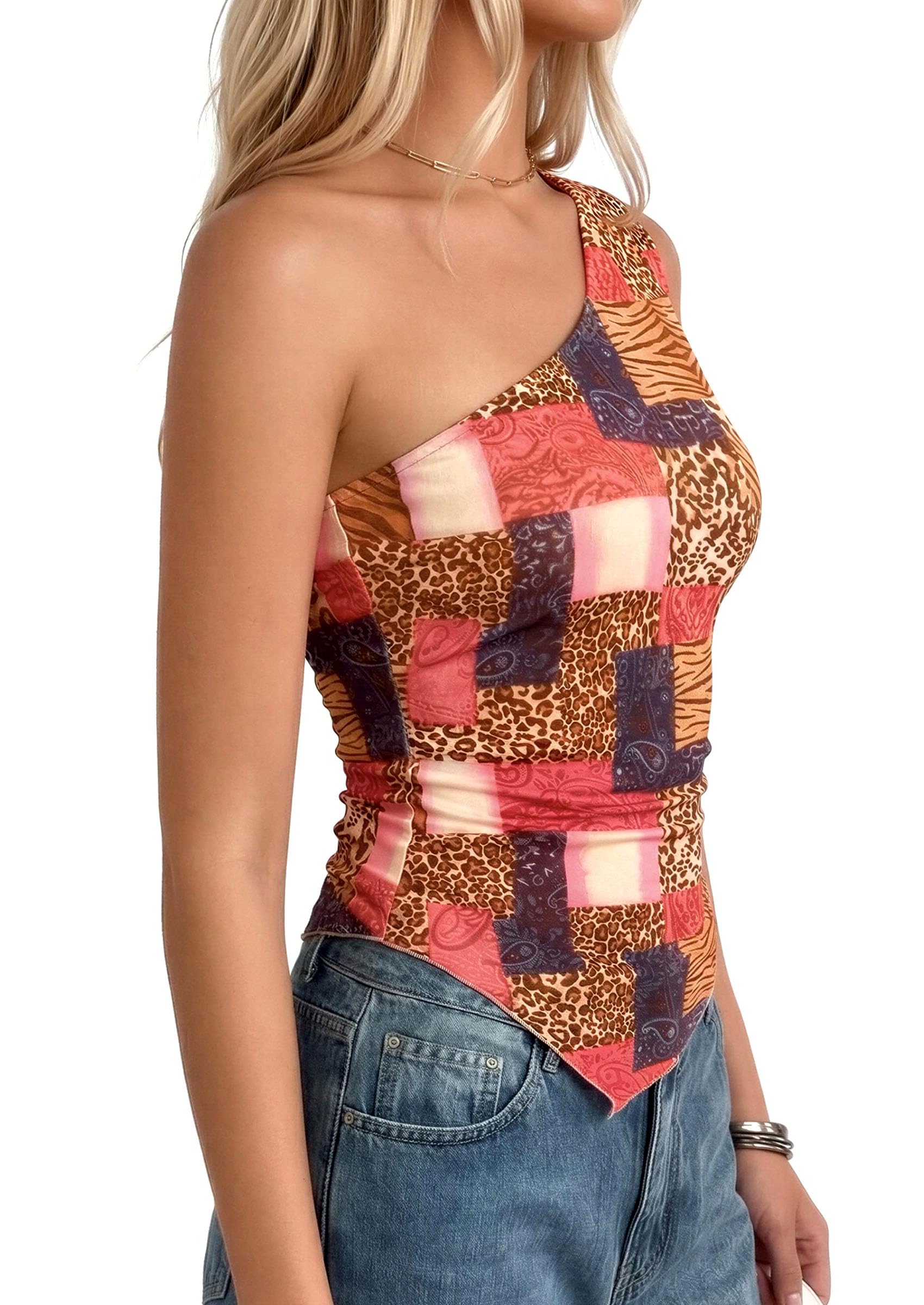 PRETTYGARDEN Women's Floral Mesh Tops Summer Asymmetrical One Shoulder Sleeveless Ruched Shirts Spring Going Out Clothes PRETTYGARDEN