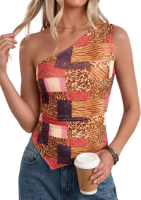 PRETTYGARDEN Women's Floral Mesh Tops Summer Asymmetrical One Shoulder Sleeveless Ruched Shirts Spring Going Out Clothes PRETTYGARDEN