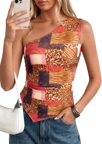 PRETTYGARDEN Women's Floral Mesh Tops Summer Asymmetrical One Shoulder Sleeveless Ruched Shirts Spring Going Out Clothes PRETTYGARDEN