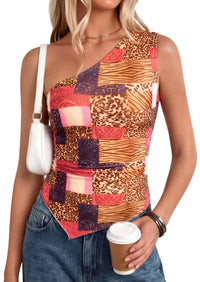 PRETTYGARDEN Women's Floral Mesh Tops Summer Asymmetrical One Shoulder Sleeveless Ruched Shirts Spring Going Out Clothes PRETTYGARDEN