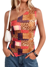 PRETTYGARDEN Women's Floral Mesh Tops Summer Asymmetrical One Shoulder Sleeveless Ruched Shirts Spring Going Out Clothes PRETTYGARDEN