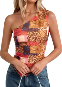 PRETTYGARDEN Women's Floral Mesh Tops Summer Asymmetrical One Shoulder Sleeveless Ruched Shirts Spring Going Out Clothes PRETTYGARDEN