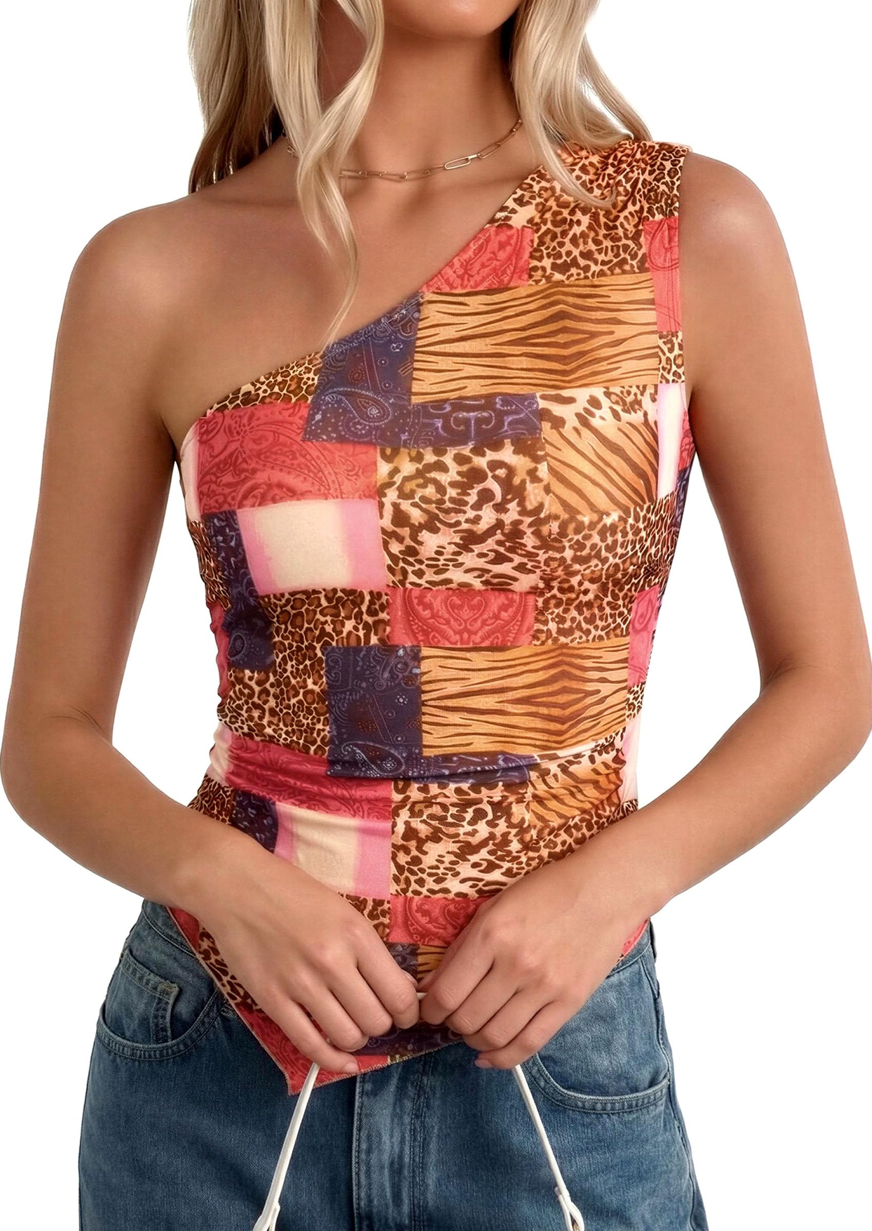 PRETTYGARDEN Women's Floral Mesh Tops Summer Asymmetrical One Shoulder Sleeveless Ruched Shirts Spring Going Out Clothes PRETTYGARDEN