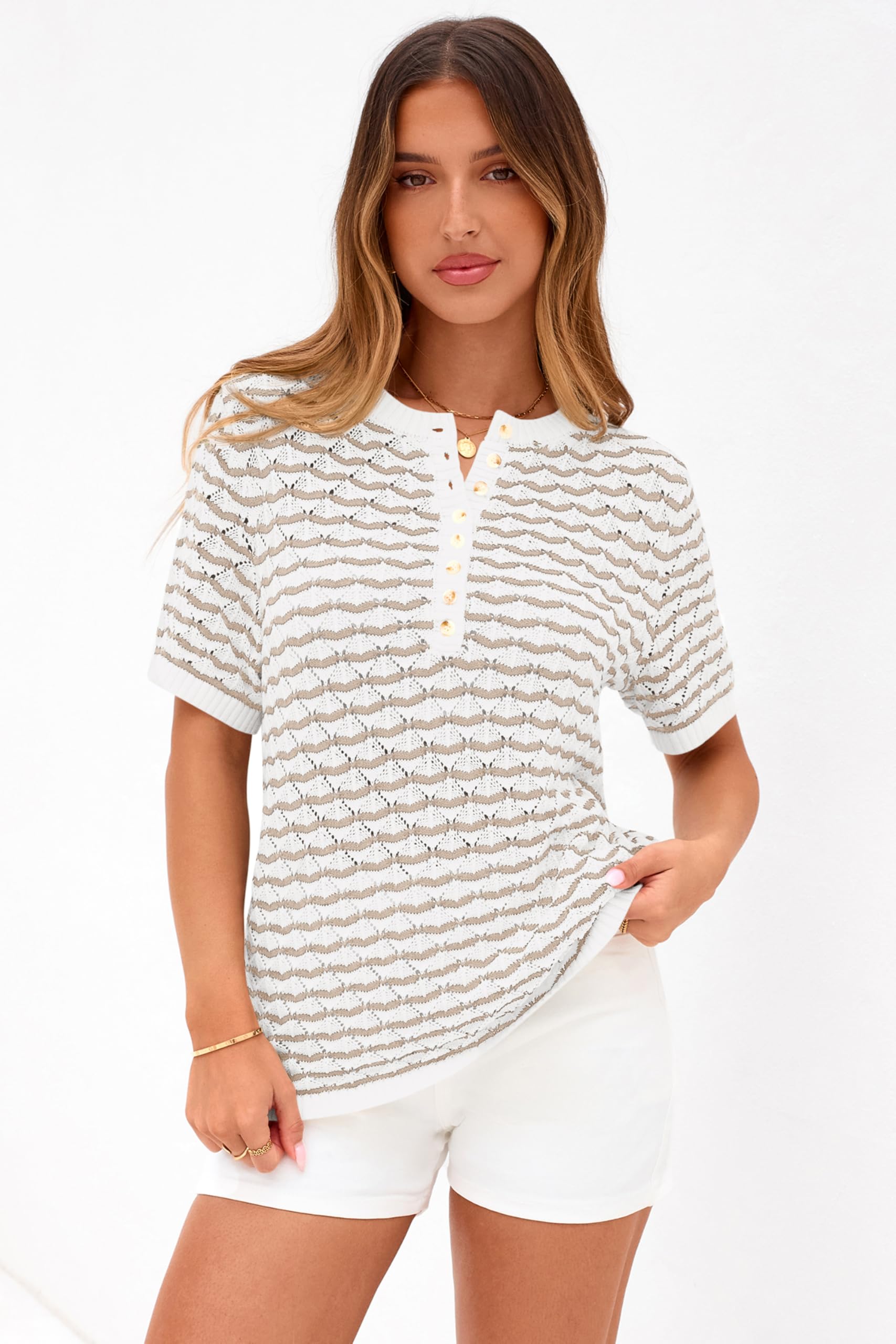 PRETTYGARDEN Cute Short Sleeve V Neck Sweaters for Women Summer Casual Striped Quarter Button Henley Shirts Knit Work Tops PRETTYGARDEN