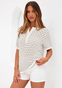 PRETTYGARDEN Cute Short Sleeve V Neck Sweaters for Women Summer Casual Striped Quarter Button Henley Shirts Knit Work Tops PRETTYGARDEN