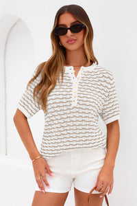 PRETTYGARDEN Cute Short Sleeve V Neck Sweaters for Women Summer Casual Striped Quarter Button Henley Shirts Knit Work Tops PRETTYGARDEN