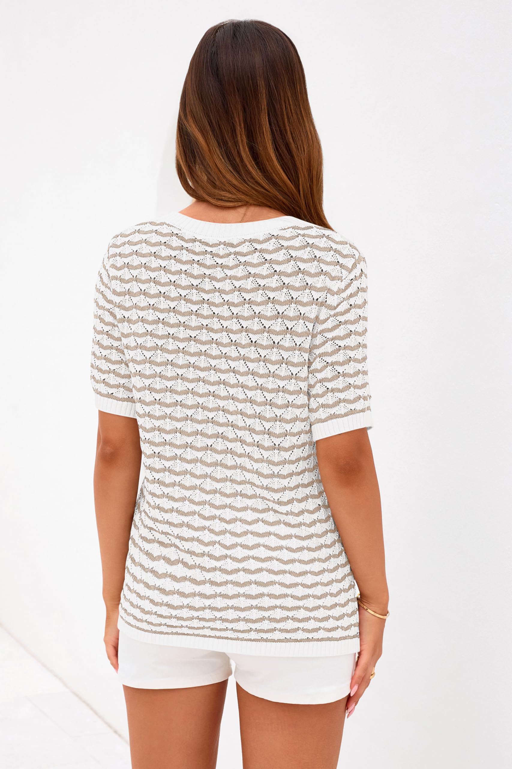 PRETTYGARDEN Cute Short Sleeve V Neck Sweaters for Women Summer Casual Striped Quarter Button Henley Shirts Knit Work Tops PRETTYGARDEN