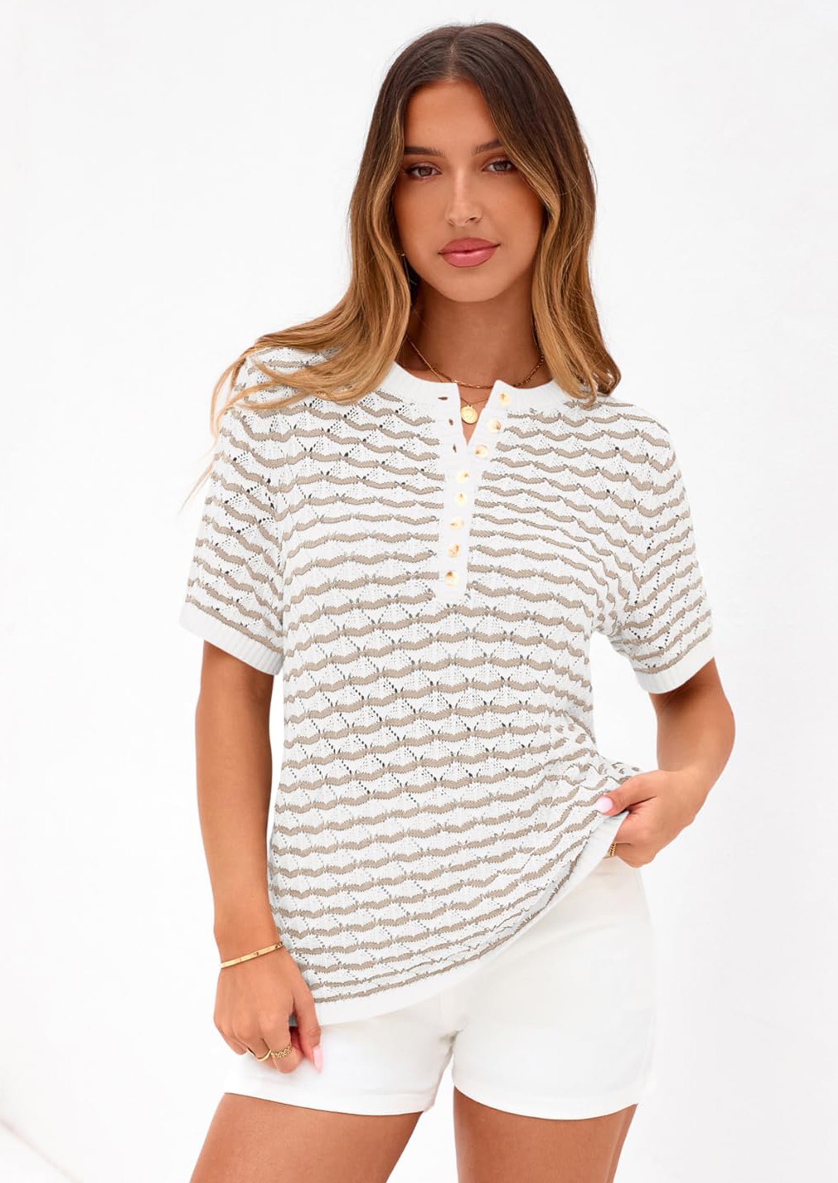 PRETTYGARDEN Cute Short Sleeve V Neck Sweaters for Women Summer Casual Striped Quarter Button Henley Shirts Knit Work Tops PRETTYGARDEN