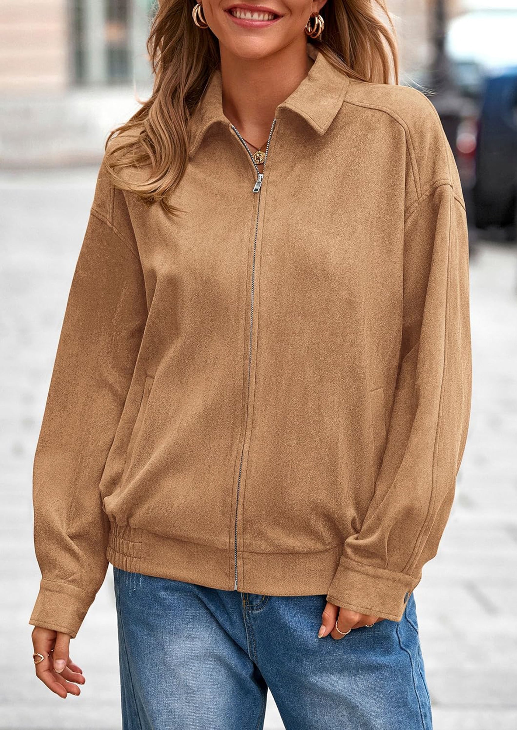 PRETTYGARDEN Women's Faux Suede Motorcycle Jacket Trendy Fall Fashion Oversized Zip Up Coats Winter Clothes Outerwear