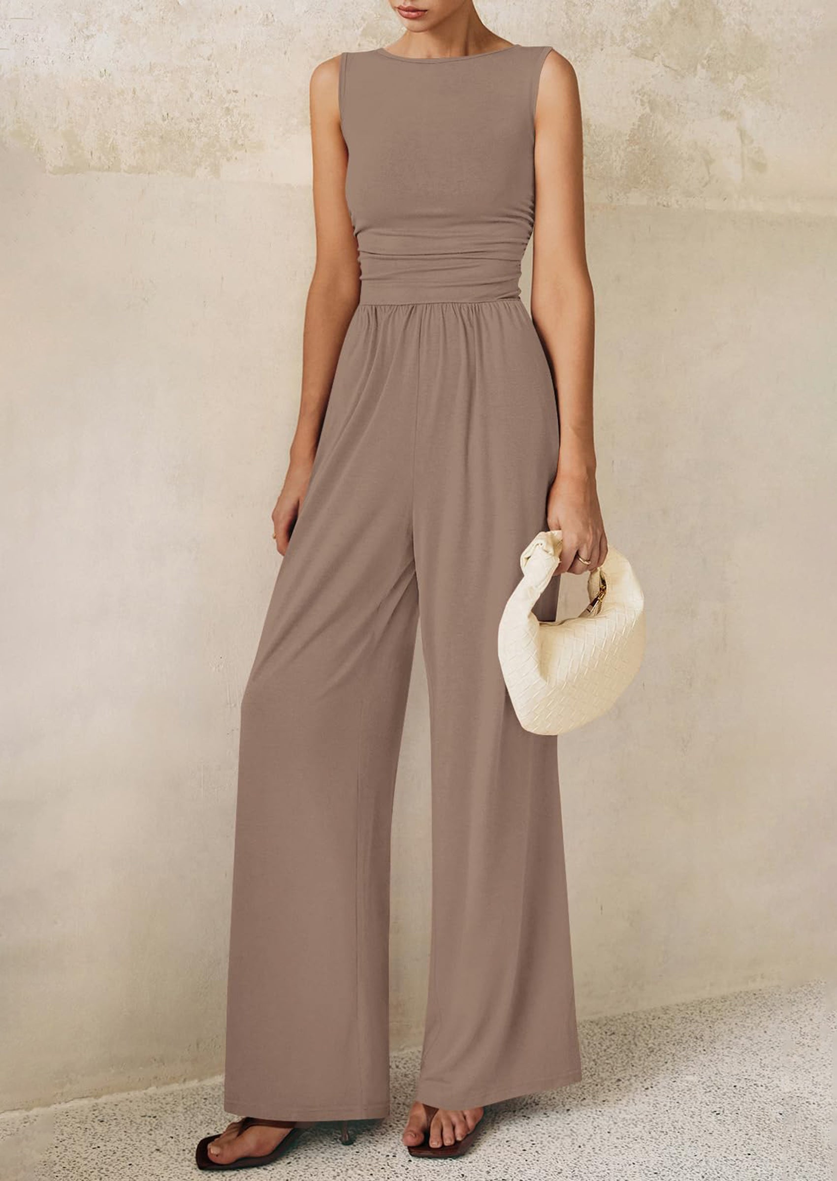 PRETTYGARDEN One Piece Jumpsuits for Women Dressy Casual Sleeveless Crewneck Wide Leg Rompers Jumpers Vacation Summer Outfits