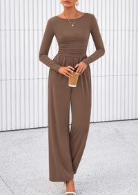 PRETTYGARDEN One Piece Jumpsuits for Women Dressy Casual Long Sleeve Crewneck Wide Leg Romper Overalls Spring Outfits