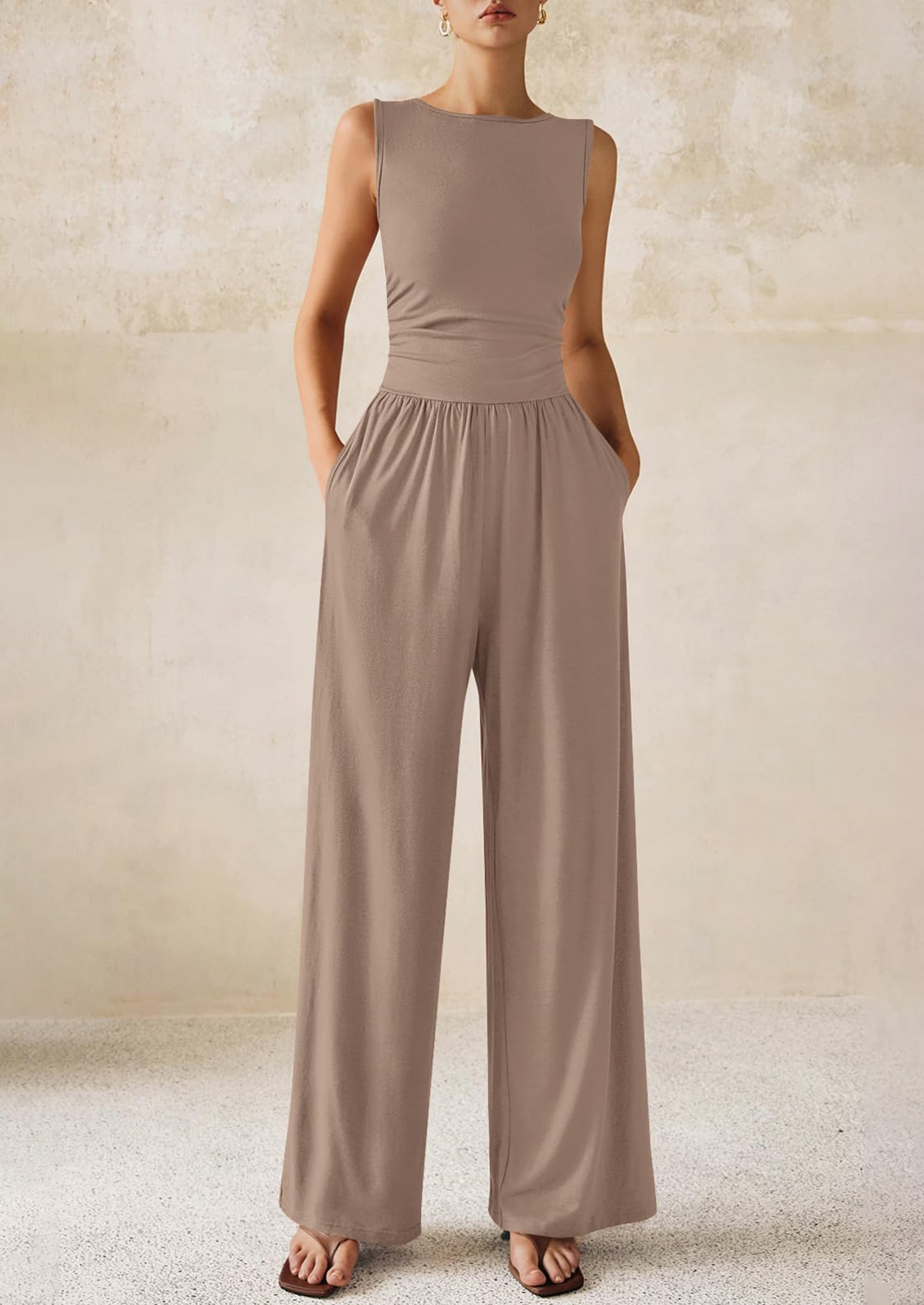 PRETTYGARDEN One Piece Jumpsuits for Women Dressy Casual Sleeveless Crewneck Wide Leg Rompers Jumpers Vacation Summer Outfits