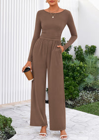 PRETTYGARDEN One Piece Jumpsuits for Women Dressy Casual Long Sleeve Crewneck Wide Leg Romper Overalls Spring Outfits