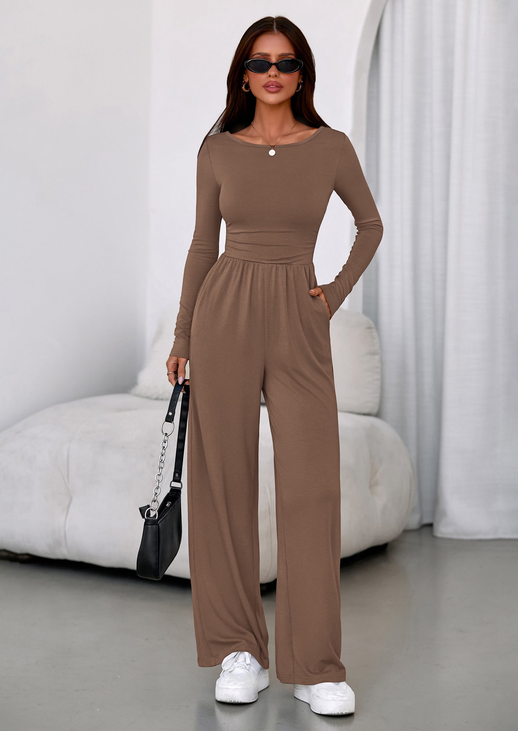 PRETTYGARDEN One Piece Jumpsuits for Women Dressy Casual Long Sleeve Crewneck Wide Leg Romper Overalls Spring Outfits