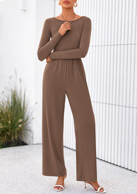 PRETTYGARDEN One Piece Jumpsuits for Women Dressy Casual Long Sleeve Crewneck Wide Leg Romper Overalls Spring Outfits