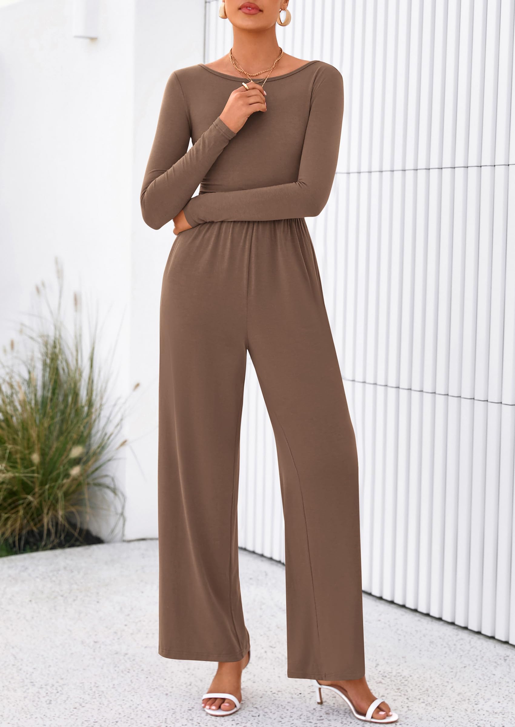 PRETTYGARDEN One Piece Jumpsuits for Women Dressy Casual Long Sleeve Crewneck Wide Leg Romper Overalls Spring Outfits