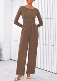 PRETTYGARDEN One Piece Jumpsuits for Women Dressy Casual Long Sleeve Crewneck Wide Leg Romper Overalls Spring Outfits