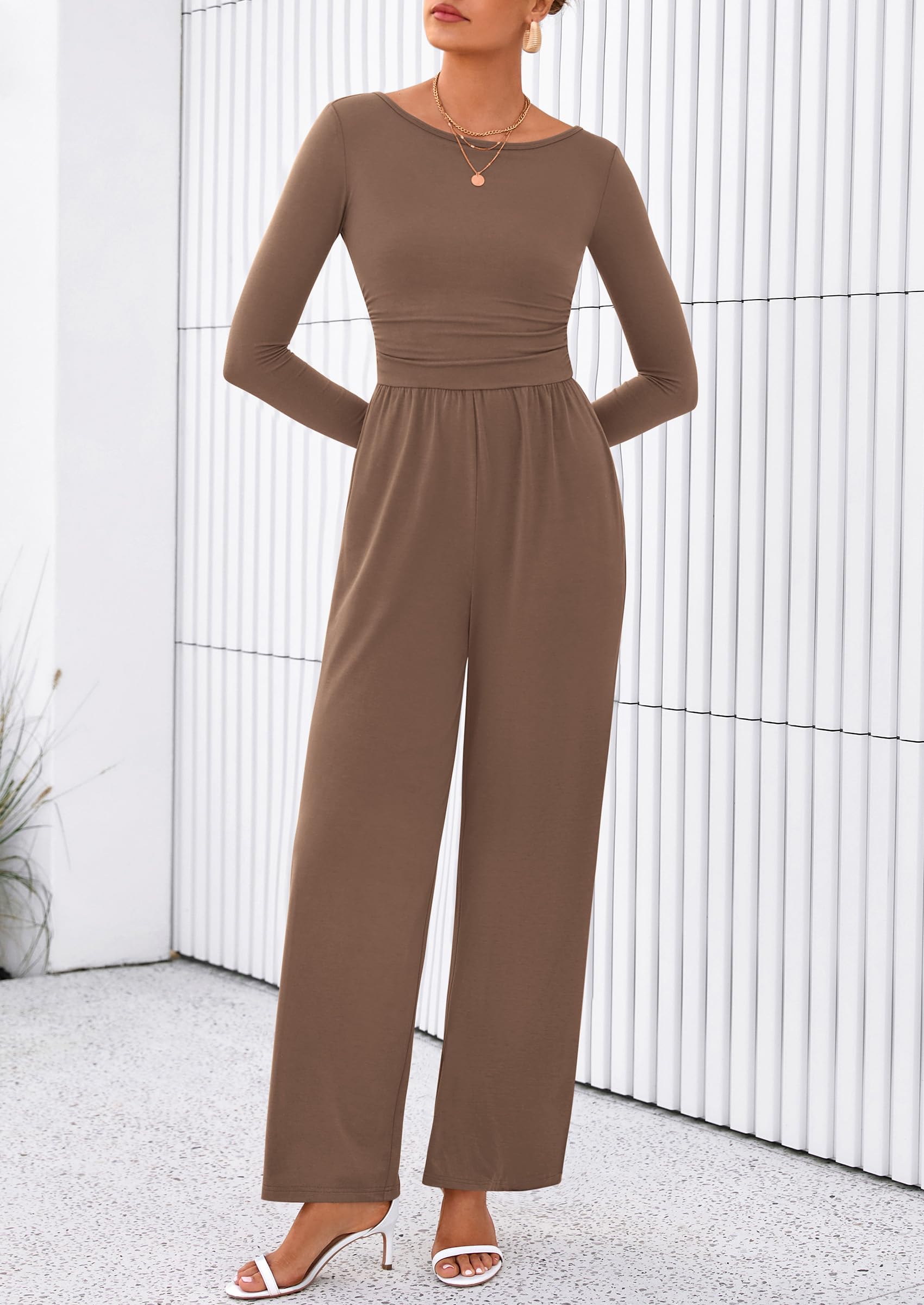 PRETTYGARDEN One Piece Jumpsuits for Women Dressy Casual Long Sleeve Crewneck Wide Leg Romper Overalls Spring Outfits