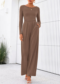 PRETTYGARDEN One Piece Jumpsuits for Women Dressy Casual Long Sleeve Crewneck Wide Leg Romper Overalls Spring Outfits