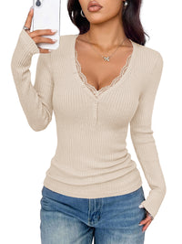 PRETTYGARDEN Women's Lace Trim Ribbed Knit Henley Long Sleeve Shirts Lightweight Button Up V Neck Pullover Tops, Dressy Casual Slim Fit Ladies Blouses, 2026 Early Fall Fashion Y2k Outfits