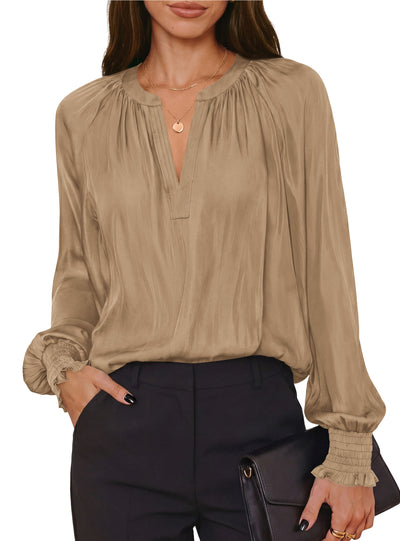 PRETTYGARDEN Women's Satin Blouses V Neck Long Sleeve Tops | Dressy Silk Shirts, Smocked Cuff, Balloon Sleeves, Smooth & Soft, Work Office Wear, Business Casual Outfits, Fall Clothes