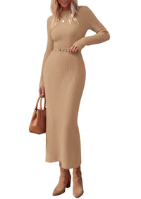 PRETTYGARDEN Women's Long Sleeve Bodycon Maxi Sweater Dress | Stretchy Rib Knit,Metal Buckle Waist,Back Slit,Work Cocktail Holiday Party Outfits,Fall Winter Winter Wedding Guest Dresses