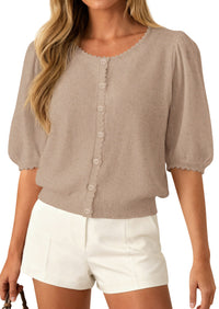 PRETTYGARDEN Puff Short Sleeve Cardigans for Women Lightweight 2026 Summer Shirts Button Up Knit Sweater Tops Spring Clothes PRETTYGARDEN