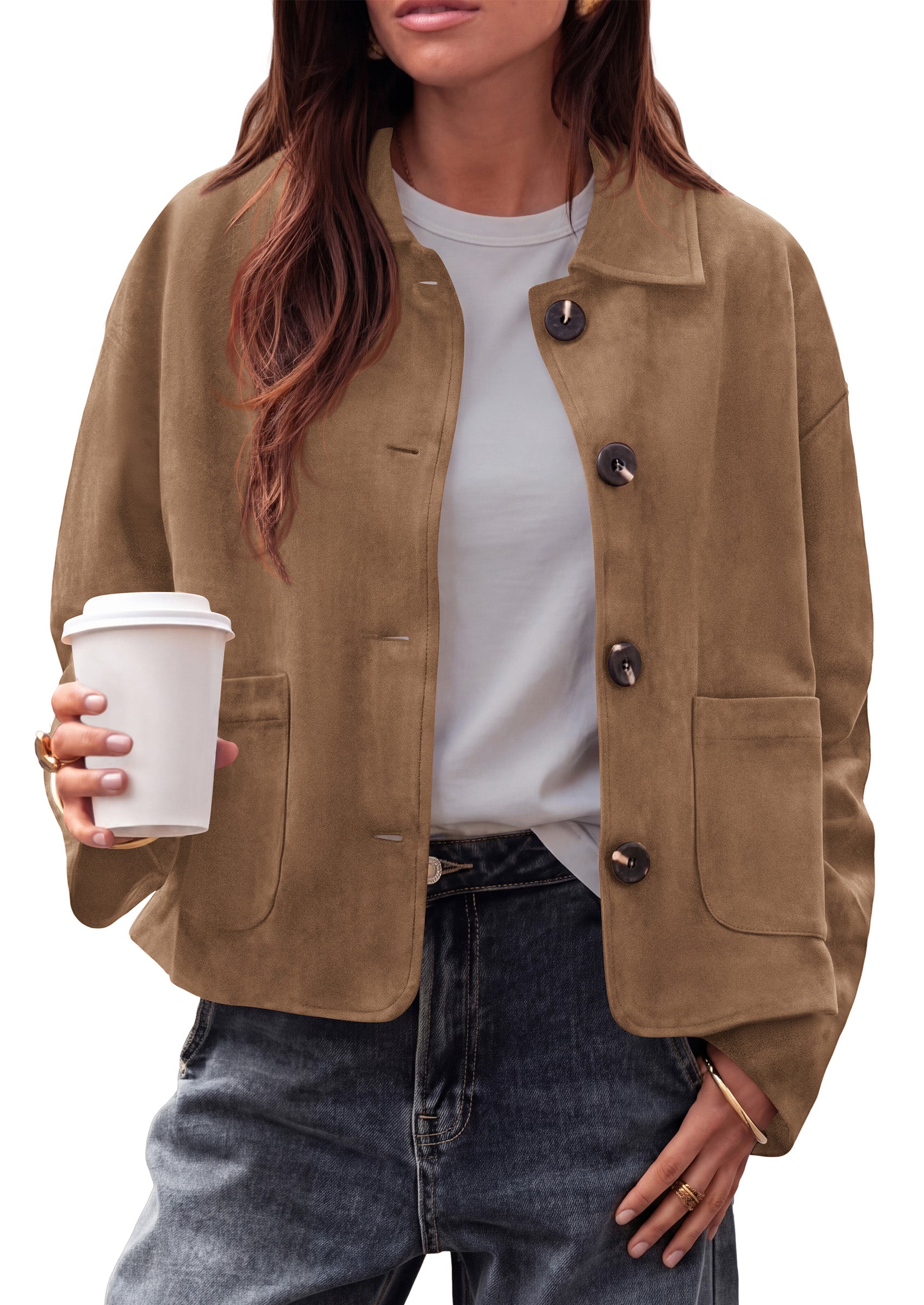 PRETTYGARDEN Faux Suede Casual Cropped Fall Jacket for Women Trendy 2026 Casual Coats Lightweight, Button Front Jackets with Pocket, Business Work Teacher Outfits, Winter Clothes