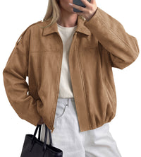 PRETTYGARDEN Women's Faux Suede Cropped Bomber Jacket | Long Sleeve Zip Up Casual Going Out Jackets Coat, Oversized Loose Fit Western Outfits, Trendy Outerwear, Fall Clothes