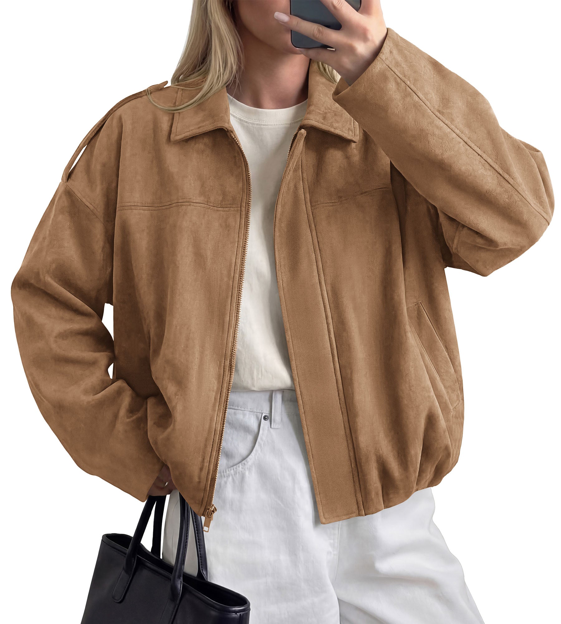 PRETTYGARDEN Women's Faux Suede Cropped Bomber Jacket | Long Sleeve Zip Up Casual Going Out Jackets Coat, Oversized Loose Fit Western Outfits, Trendy Outerwear, Fall Clothes
