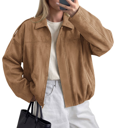PRETTYGARDEN Women's Faux Suede Cropped Bomber Jacket | Long Sleeve Zip Up Casual Going Out Jackets Coat, Oversized Loose Fit Western Outfits, Trendy Outerwear, Fall Clothes