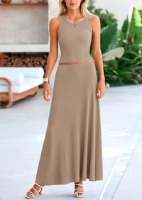 PRETTYGARDEN 2 Piece Maxi Skirt Sets Casual Knit Cropped Tank Top High Waisted Long Skirts Outfit