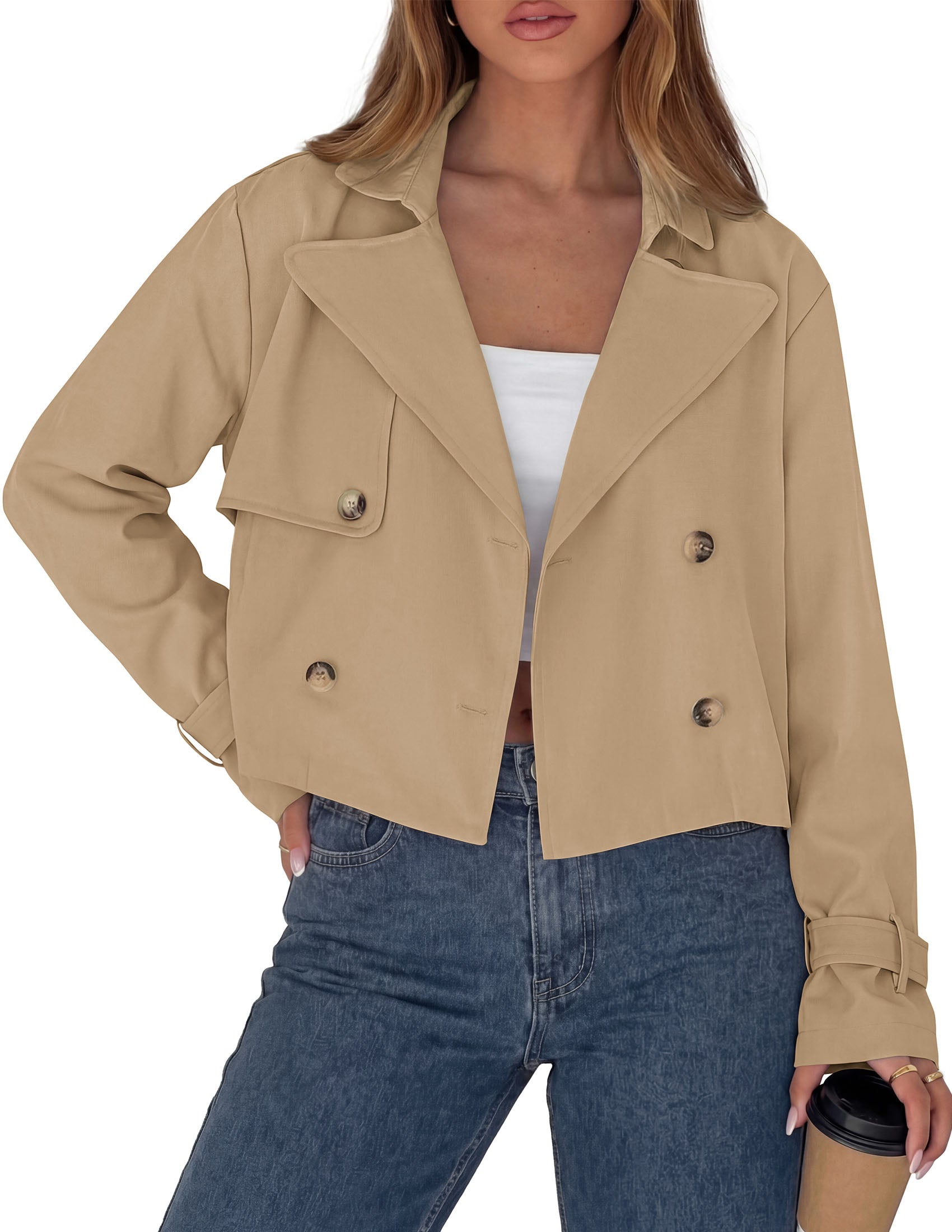 PRETTYGARDEN Cropped Trench Coat For Women Short Jacket  Soft Lightweight Coats, Lapel Double Breasted, Long Sleeve Loose Fit, Casual Work Office Jackets, Fall Winter Outwear