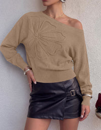 PRETTYGARDEN Women's Fall Off The Shoulder Sweater Tops   | 3D Flower Off Shoulder Sweater, Cinched Waist, Long Sleeve Cropped Sweaters, Knit Pullover Tops, Trendy Date Night Outfit
