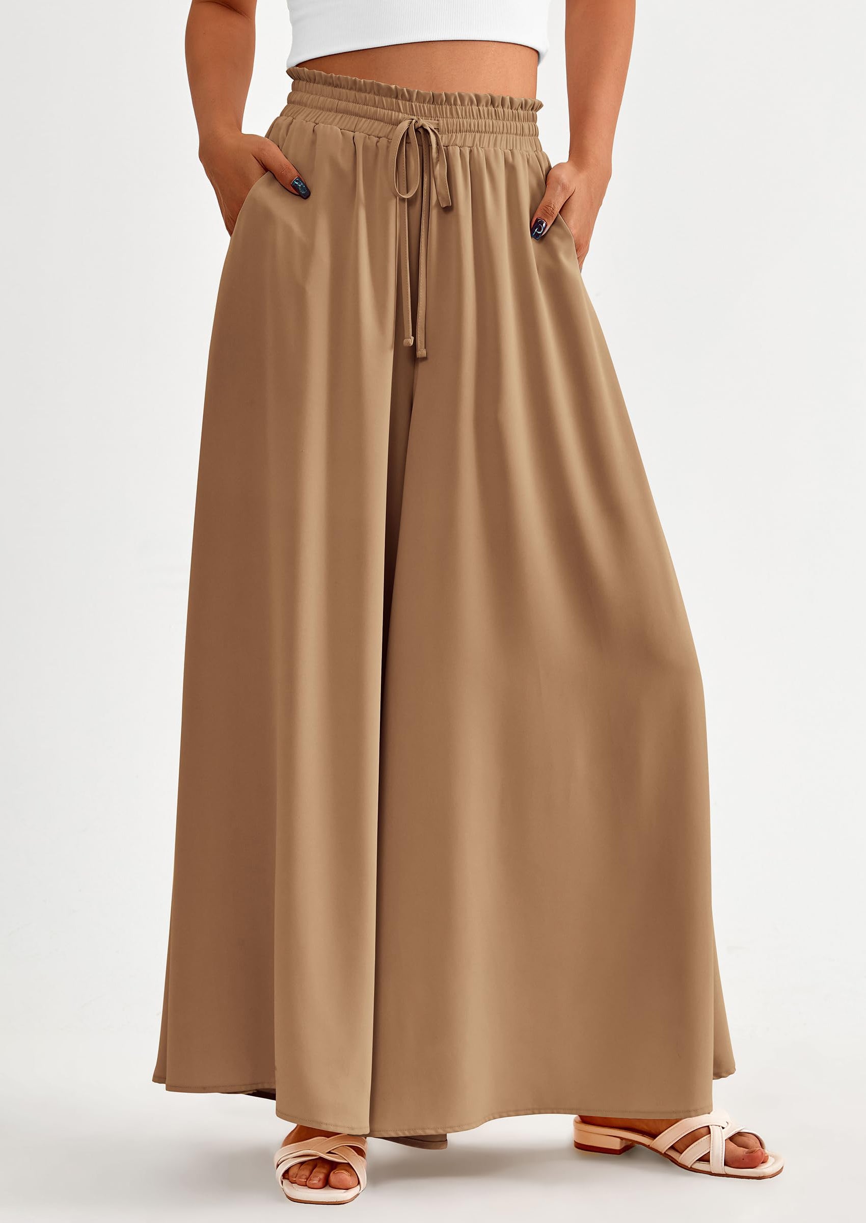 PRETTYGARDEN Women's Summer Wide Leg Palazzo Pants High Waisted Flowy Pockets Trendy Casual Lounge Boho Beach Trousers