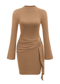 PRETTYGARDEN Women Long Sleeve Bodycon Ruched Mini Dress | Mock Neck Gold Buckle, Slim Fit, Weeding Guest Dress, Elegant Dressy Casual, Cocktail Party Date Night, Fall Winter Outfits