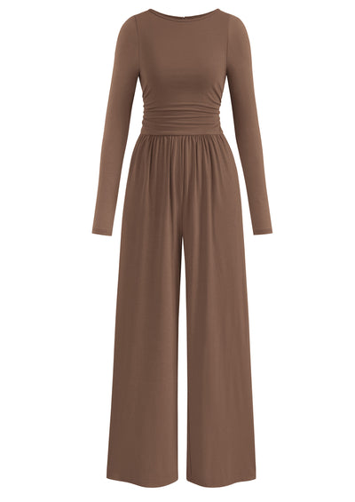PRETTYGARDEN One Piece Jumpsuits for Women Dressy Casual Long Sleeve Crewneck Wide Leg Romper Overalls Spring Outfits 2026